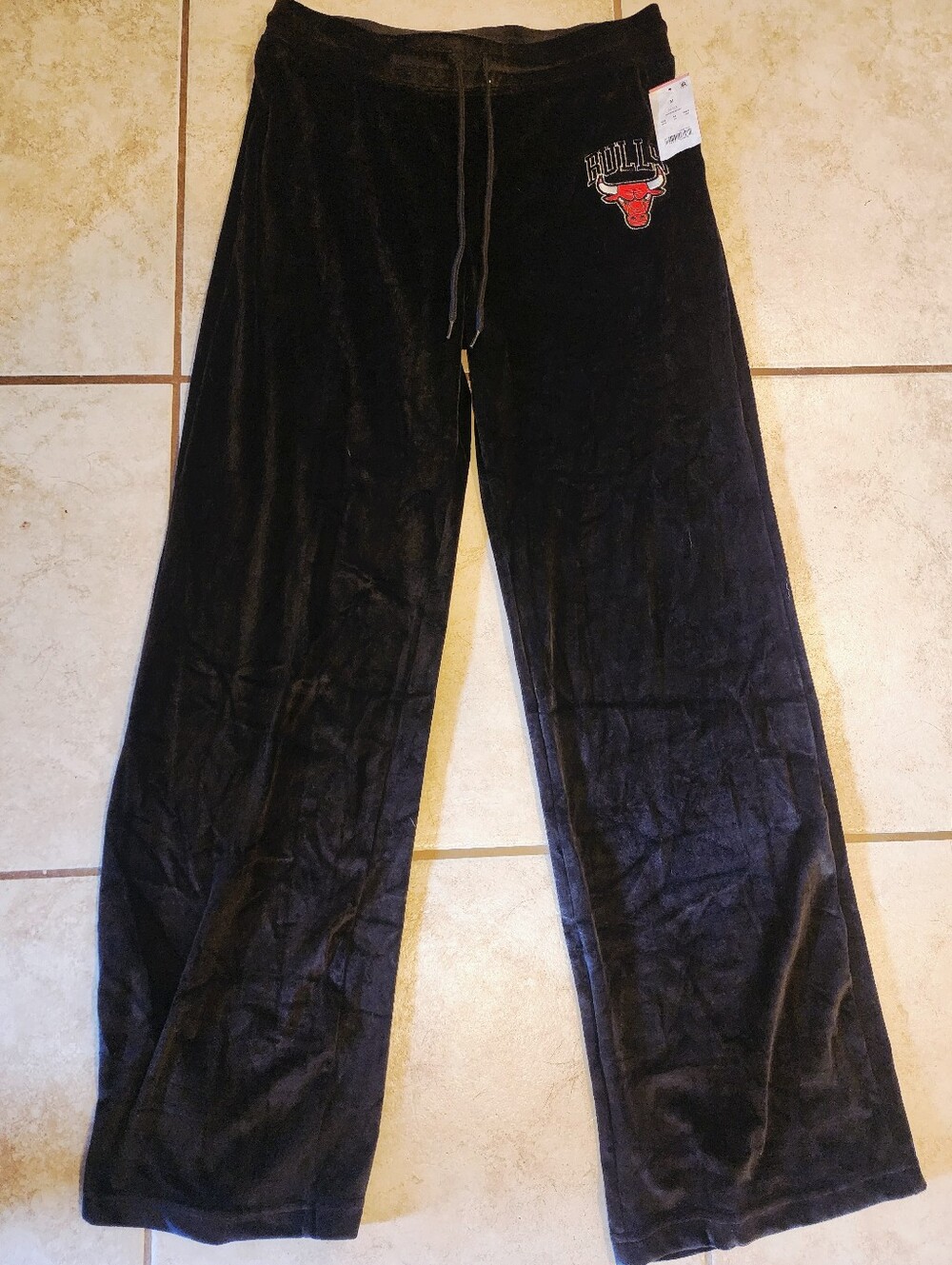 Women Offical NBA Black Chicago Bulls Velour Wide Leg Drawstring Pants Medium